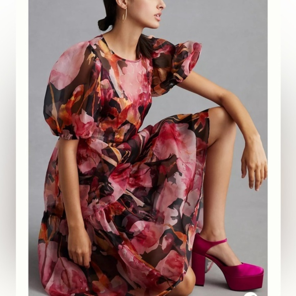 Anthropologie Puff-Sleeve Organza Midi Dress Pink Floral New Rare Style Small